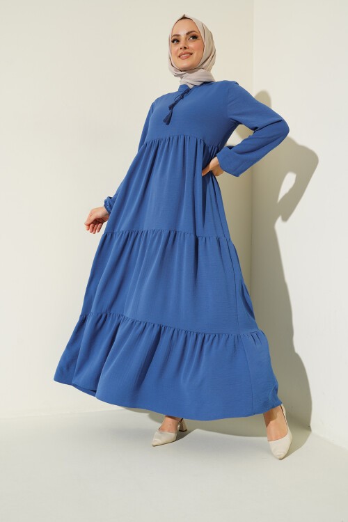 1627 Yaka Bağcıklı Tesettür Elbise - C.Saks