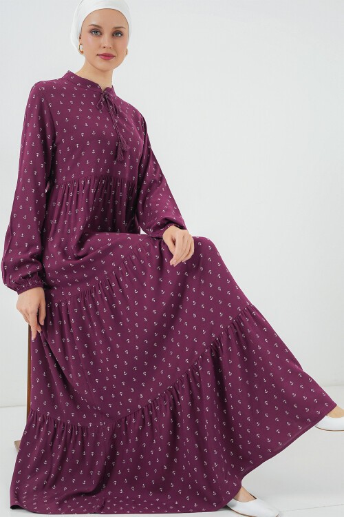 Merterium 1627 Yaka Bağcıklı Tesettür Elbise - Çapa Mor