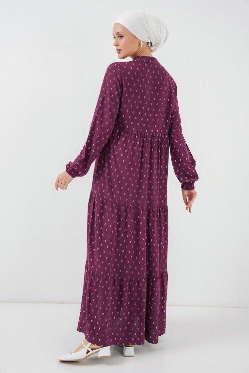 Merterium 1627 Yaka Bağcıklı Tesettür Elbise - Çapa Mor