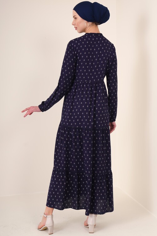 Merterium 1627 Yaka Bağcıklı Tesettür Elbise - Lacivert