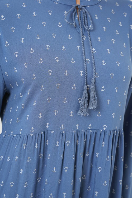 Merterium 1627 Yaka Bağcıklı Tesettür Elbise - Mavi