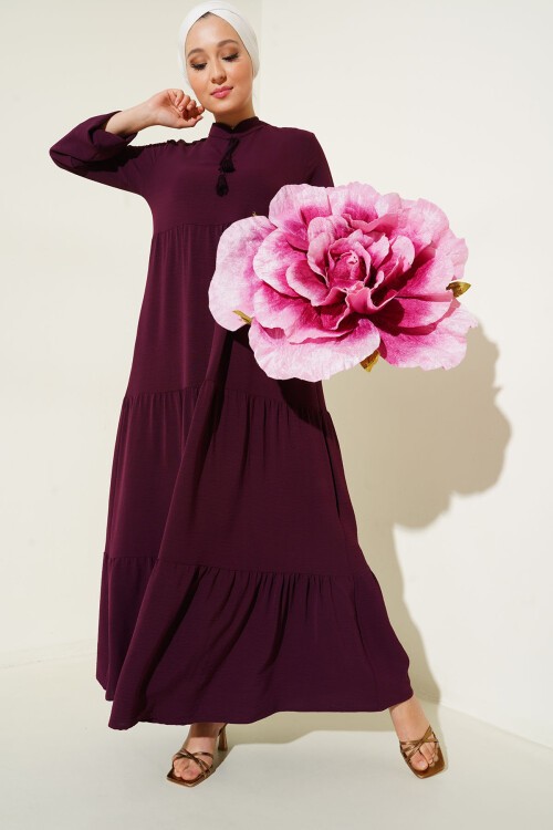 Merterium 1627 Yaka Bağcıklı Tesettür Elbise - Y.Bordo