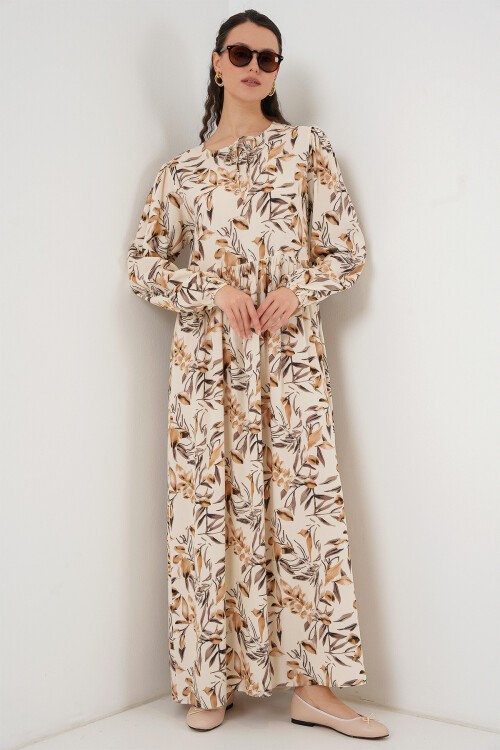 Merterium 1947 Desenli Uzun Elbise - Bej