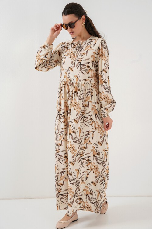 Merterium 1947 Desenli Uzun Elbise - Bej