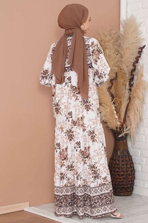 1947 Desenli Uzun Elbise - Kahverengi