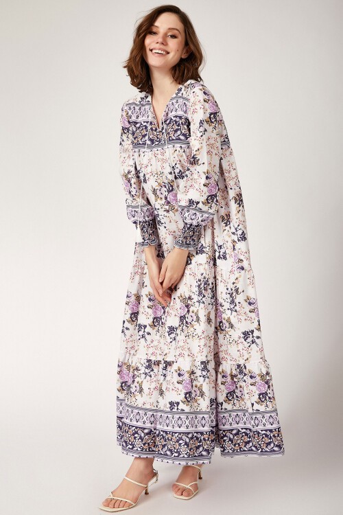 Merterium 1947 Desenli Uzun Mor Tesettür Elbise