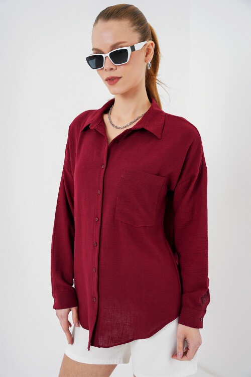 20153 Tek Cepli Oversize Keten Gömlek - Bordo