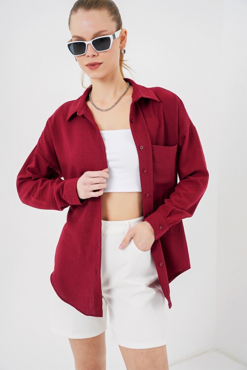 20153 Tek Cepli Oversize Keten Gömlek - Bordo