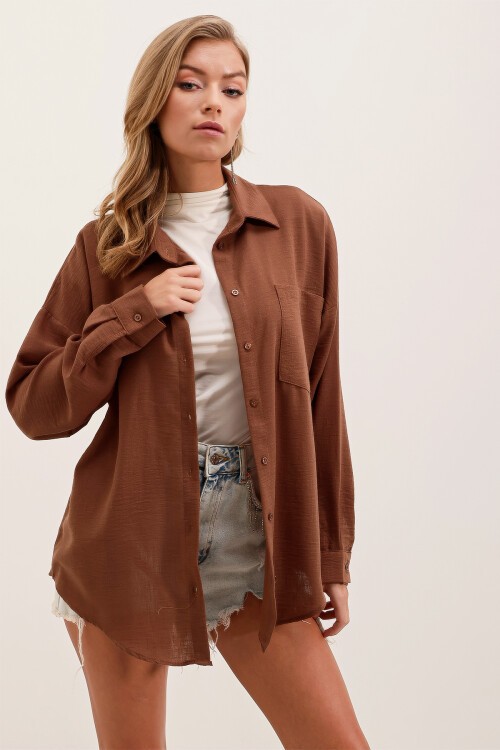 Merterium 20153 Tek Cepli Oversize Keten Gömlek - Kahverengi