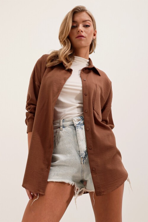 Merterium 20153 Tek Cepli Oversize Keten Gömlek - Kahverengi