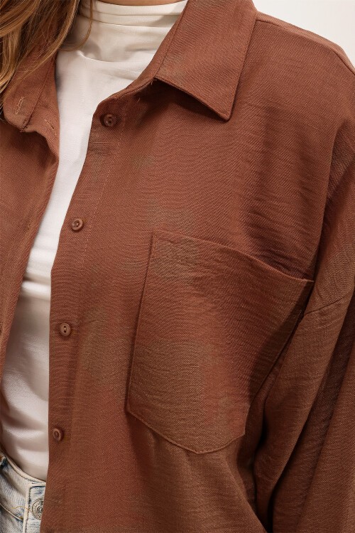 Merterium 20153 Tek Cepli Oversize Keten Gömlek - Kahverengi