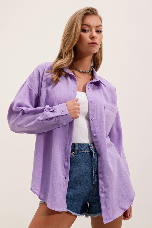 Merterium 20153 Tek Cepli Oversize Keten Gömlek - Lila