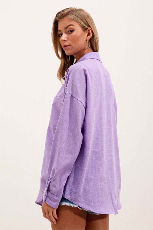 Merterium 20153 Tek Cepli Oversize Keten Gömlek - Lila