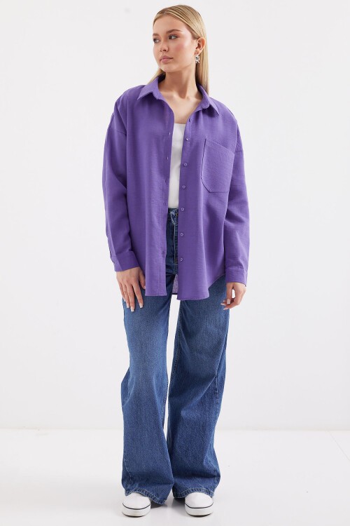 Merterium 20153 Tek Cepli Oversize Keten Gömlek - Mor