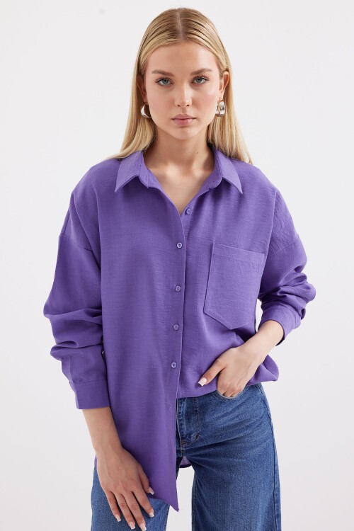 Merterium 20153 Tek Cepli Oversize Keten Gömlek - Mor
