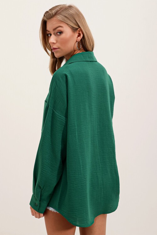 Merterium 20153 Tek Cepli Oversize Keten Gömlek - Zümrüt Yeşili