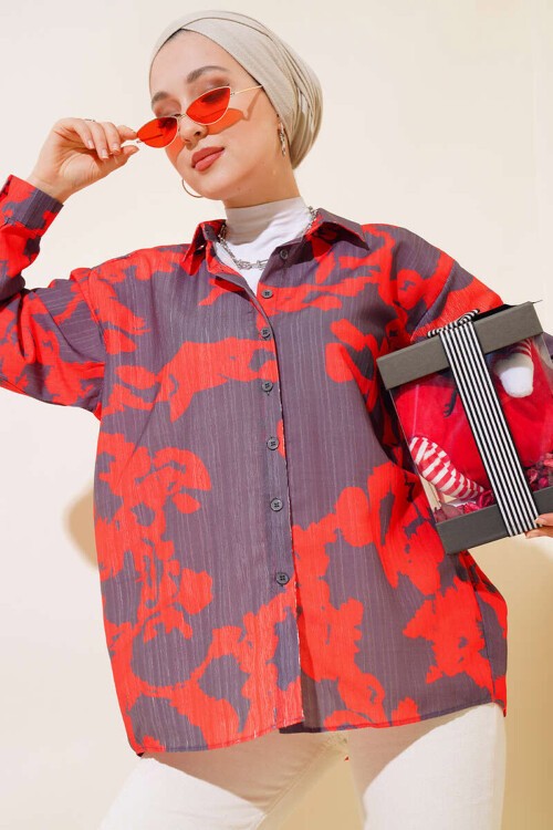 Merterium 20179 Desenli Uzun Oversize Gömlek - Kırmızı