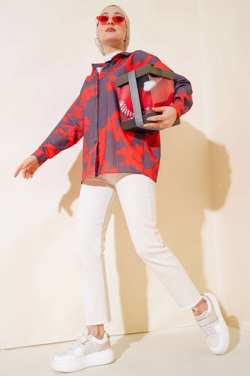 Merterium 20179 Desenli Uzun Oversize Gömlek - Kırmızı