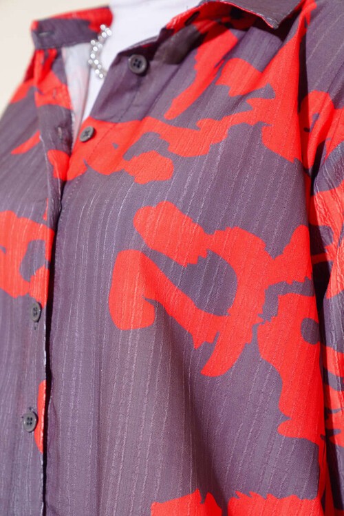 Merterium 20179 Desenli Uzun Oversize Gömlek - Kırmızı