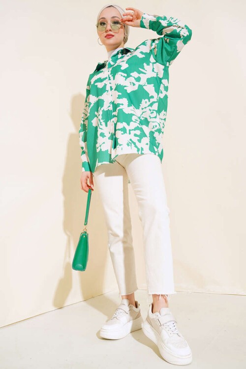 Merterium 20179 Desenli Uzun Oversize Gömlek - Yeşil