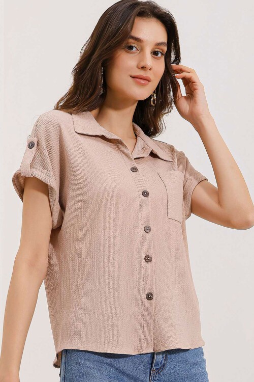 Merterium 20187 Kısa Kol Oversize Örme Gömlek - Bisküvi