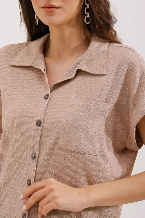 Merterium 20187 Kısa Kol Oversize Örme Gömlek - Bisküvi