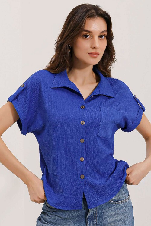 Merterium 20187 Kısa Kol Oversize Örme Gömlek - Saks