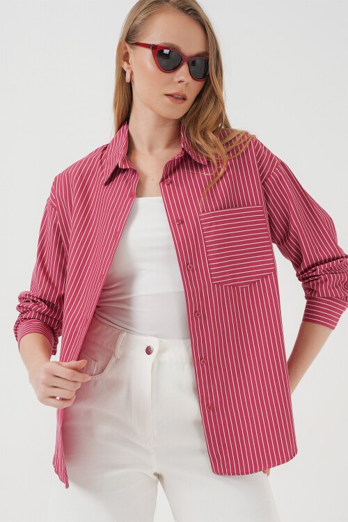 Merterium 20205 Çizgili Oversize Gömlek - Kırmızı
