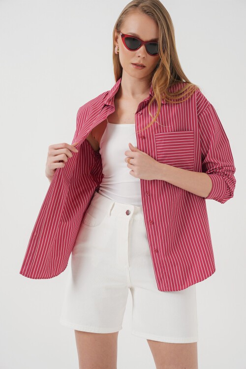 Merterium 20205 Çizgili Oversize Gömlek - Kırmızı