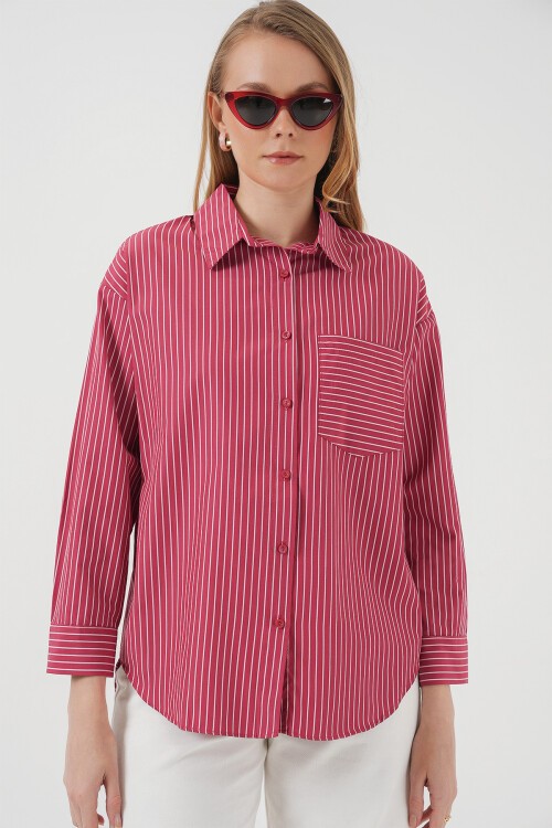 Merterium 20205 Çizgili Oversize Gömlek - Kırmızı