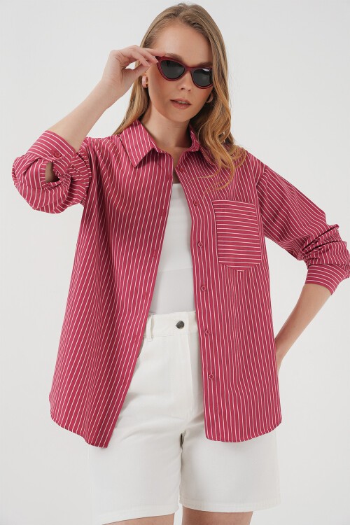 Merterium 20205 Çizgili Oversize Gömlek - Kırmızı