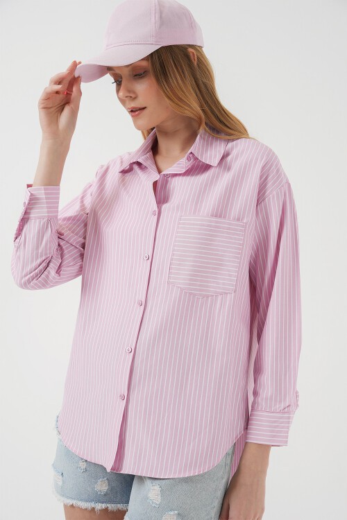 Merterium 20205 Çizgili Oversize Gömlek - Pudra