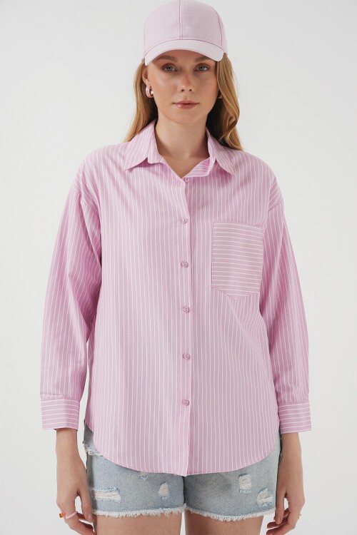 Merterium 20205 Çizgili Oversize Gömlek - Pudra