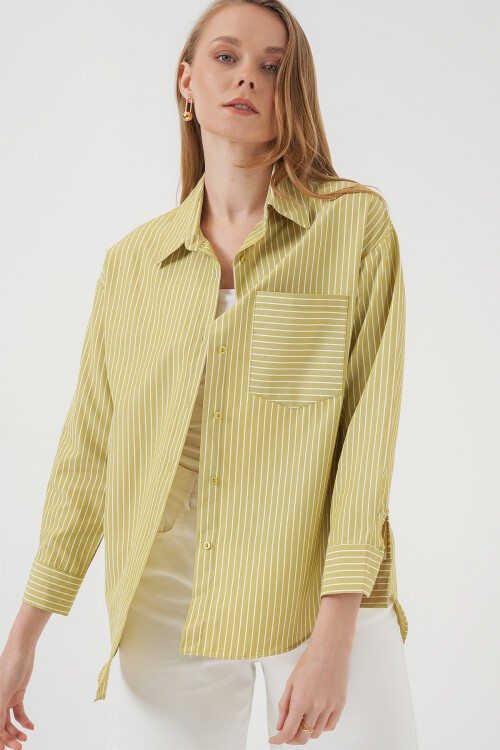 Merterium 20205 Çizgili Oversize Gömlek - Yağ Yeşil