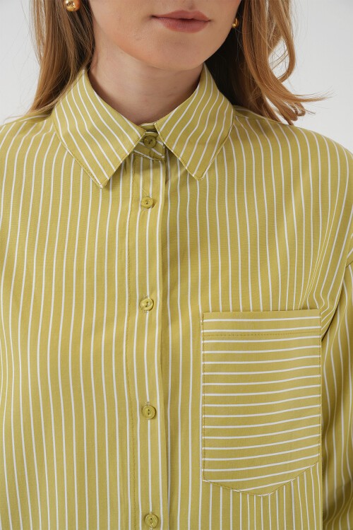 Merterium 20205 Çizgili Oversize Gömlek - Yağ Yeşil