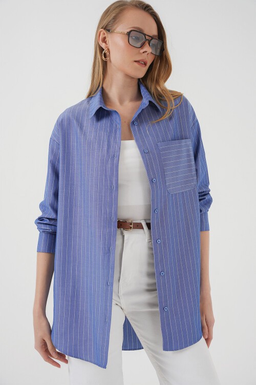 Merterium 20217 Cep Detaylı Çizgili Oversize Gömlek - İndigo