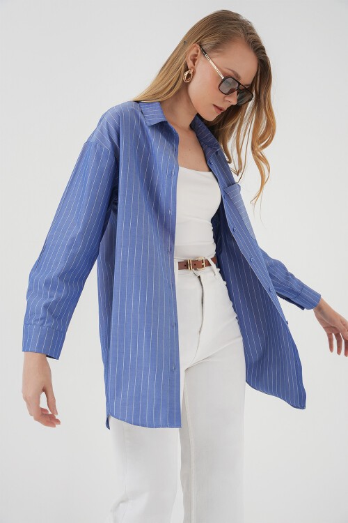 Merterium 20217 Cep Detaylı Çizgili Oversize Gömlek - İndigo