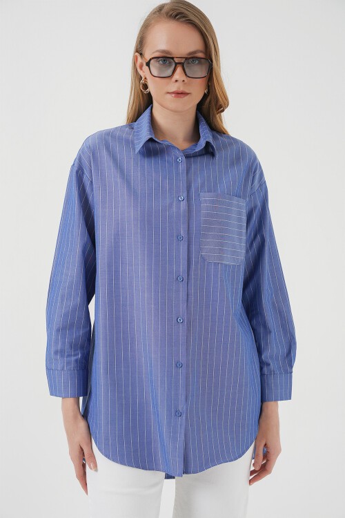 Merterium 20217 Cep Detaylı Çizgili Oversize Gömlek - İndigo