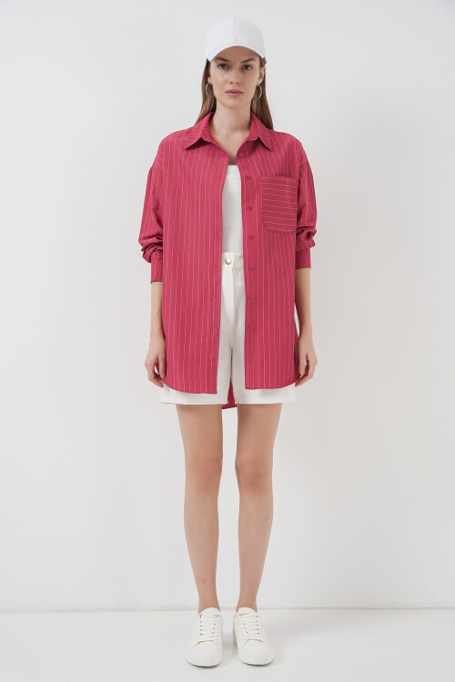 Merterium 20217 Cep Detaylı Çizgili Oversize Gömlek - Kırmızı