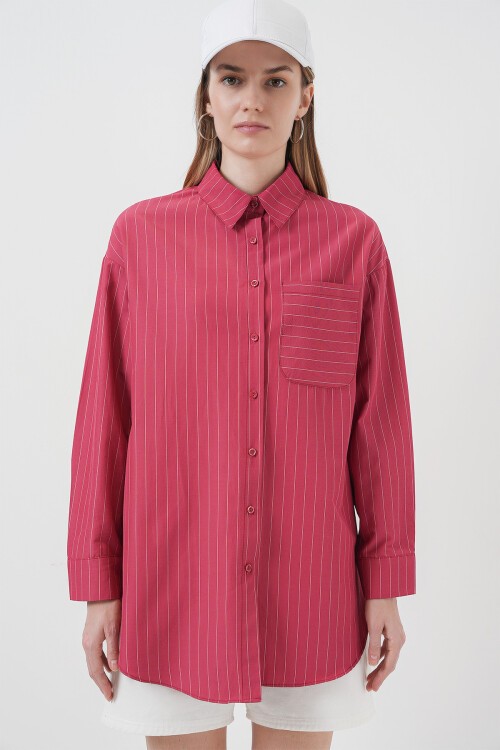 Merterium 20217 Cep Detaylı Çizgili Oversize Gömlek - Kırmızı