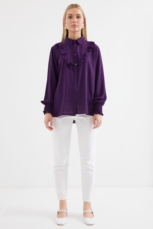 Merterium 20223 Fırfırlı Uzun Kol Gömlek - Mor