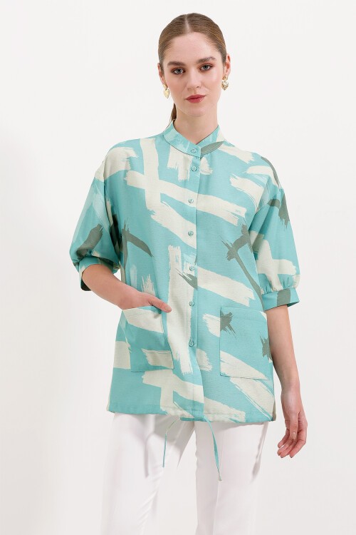 Merterium 20226 Desenli Oversize Gömlek - Mint