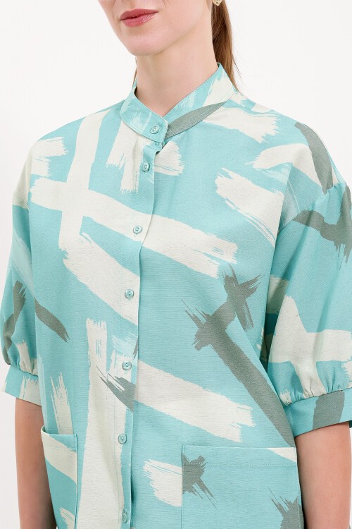 Merterium 20226 Desenli Oversize Gömlek - Mint
