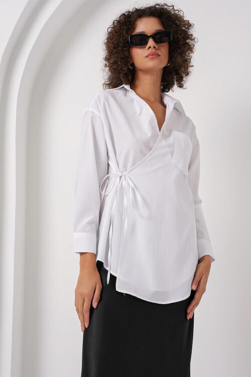 Merterium 20271 Uzun Kruvaze Gömlek - Beyaz