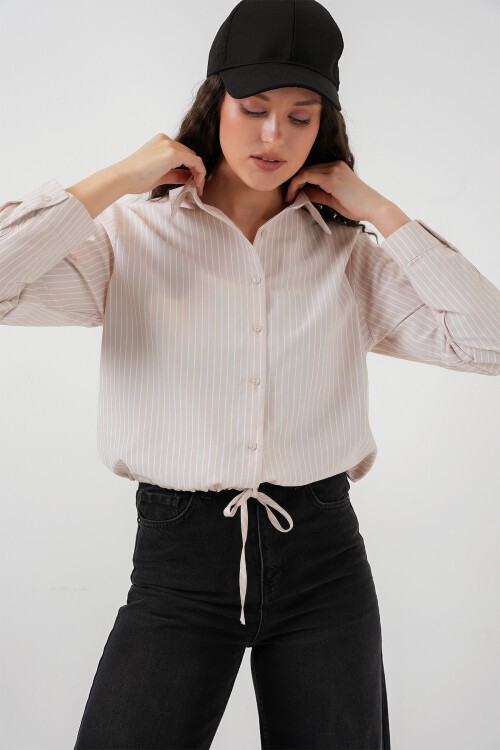 Merterium 20276 Uzun Kol Çizgili Gömlek - Krem