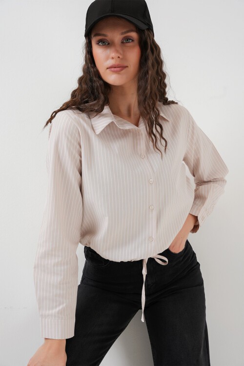 Merterium 20276 Uzun Kol Çizgili Gömlek - Krem