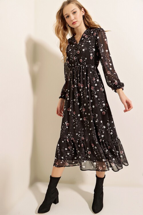 Merterium 2137 Desenli Şifon Elbise - Siyah