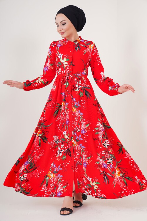 Merterium 2144 Hakim Yaka Tesettür Elbise - A.Kırmızı