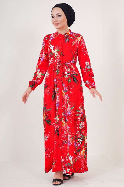 Merterium 2144 Hakim Yaka Tesettür Elbise - A.Kırmızı