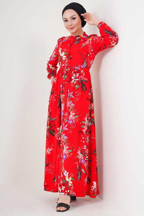 Merterium 2144 Hakim Yaka Tesettür Elbise - A.Kırmızı